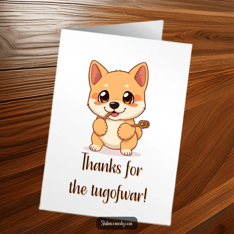 Funny Free Printable Thank You Card: Shiba Inu with big expressive eyes plays tug-of-war with a rope, showing gratitude.