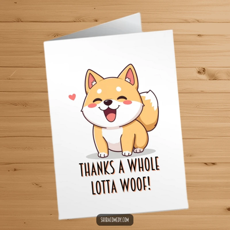 Funny free printable thank you card with a happy Shiba Inu dog wagging its fluffy tail.
