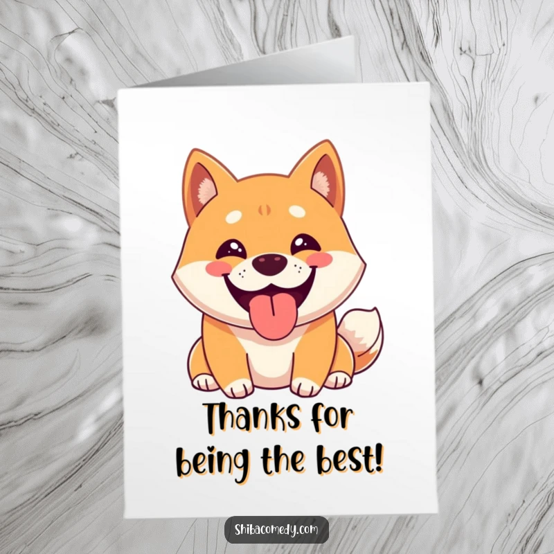 Funny Free Printable Thank You Card: A happy Shiba Inu character offers a wide grin, panting gratefully.