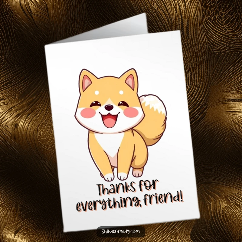 Funny Free Printable Thank You Card: A happy Shiba Inu wags its fluffy tail, sending thanks with pure joy.
