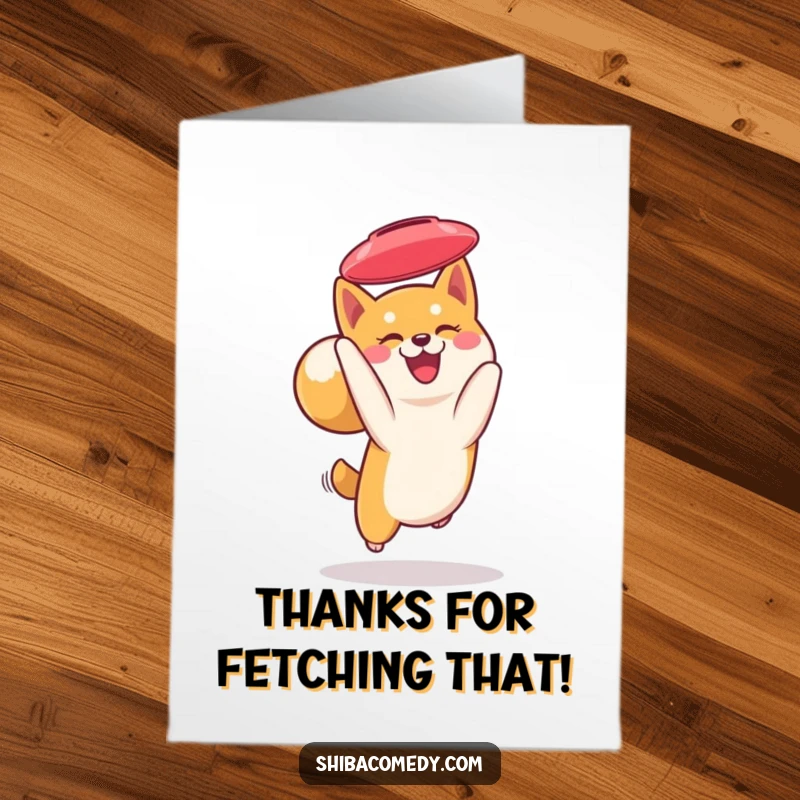 Funny Free Printable Thank You Card: Smiling Shiba Inu catching a frisbee mid-air, sporty thank you download.