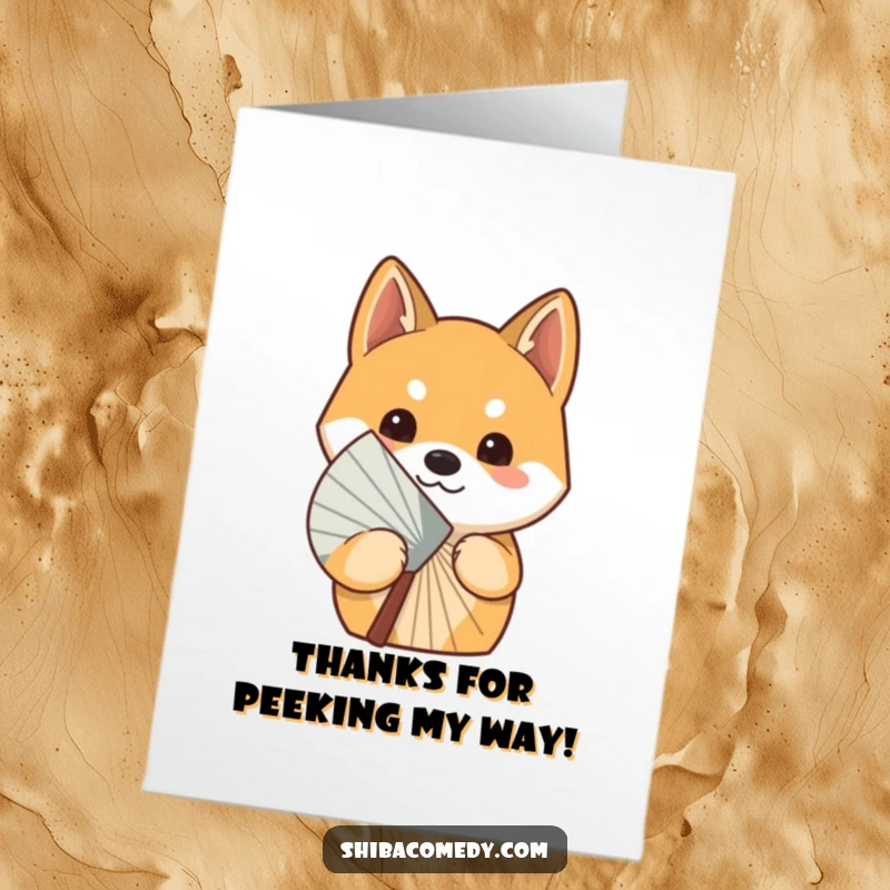 Free Printable Curious Shiba Inu Thank You Card, a Shiba Inu peeking from behind a fan, perfect for a cute thank you.