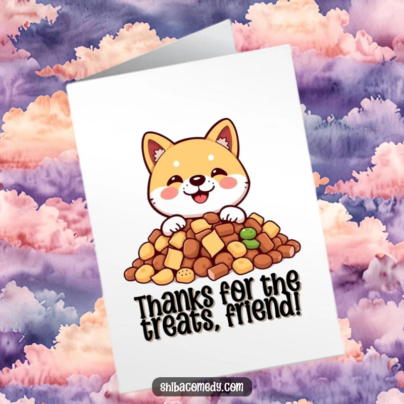 Funny Free Printable Thank You Card with a smiling Shiba Inu peeking from behind a generous pile of tasty treats.