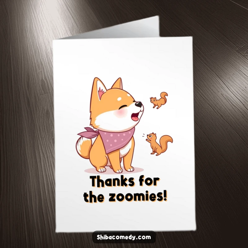 Funny Free Printable Thank You Card: Shiba Inu in bandana hilariously barks at a squirrel, expressing thanks.