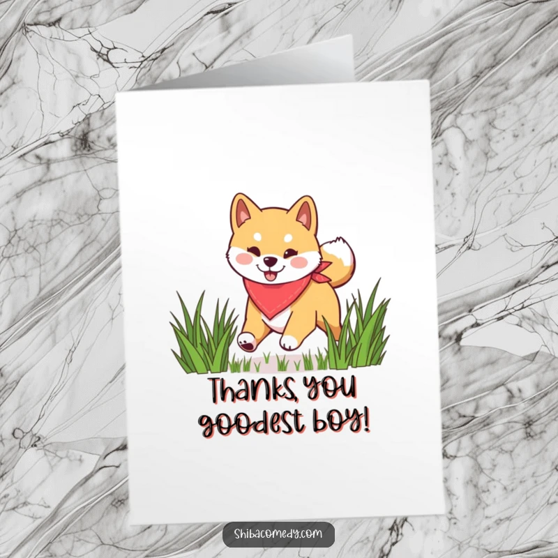 Funny Free Printable Thank You Card featuring an energetic Shiba Inu with a bandana, bounding through grass to express sincere thanks.