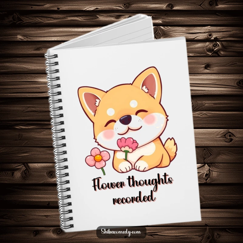 Funny notebook featuring a Shiba Inu dog curiously sniffing a flower, ideal for journaling with a touch of gentle humor.
