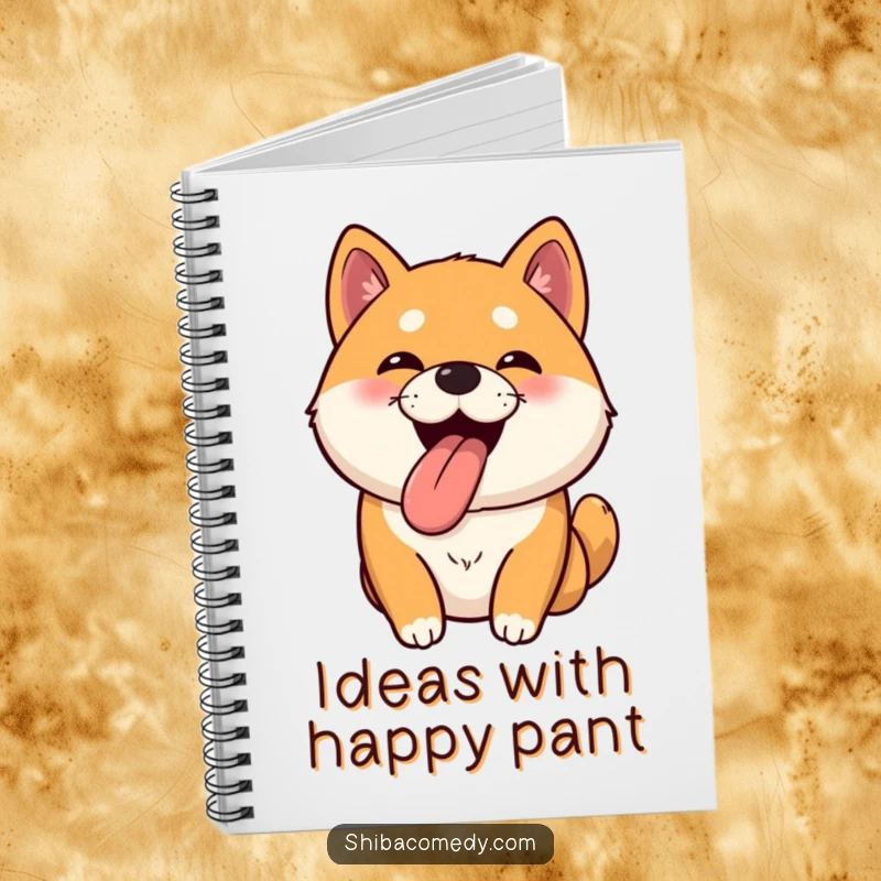 Funny Shiba Inu notebook with a bouncy dog whose tongue is lolling out happily, ideal for journaling.