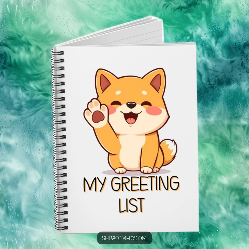 Funny Shiba Inu notebook with a cheerful dog raising its paw in a greeting, ideal for journaling.