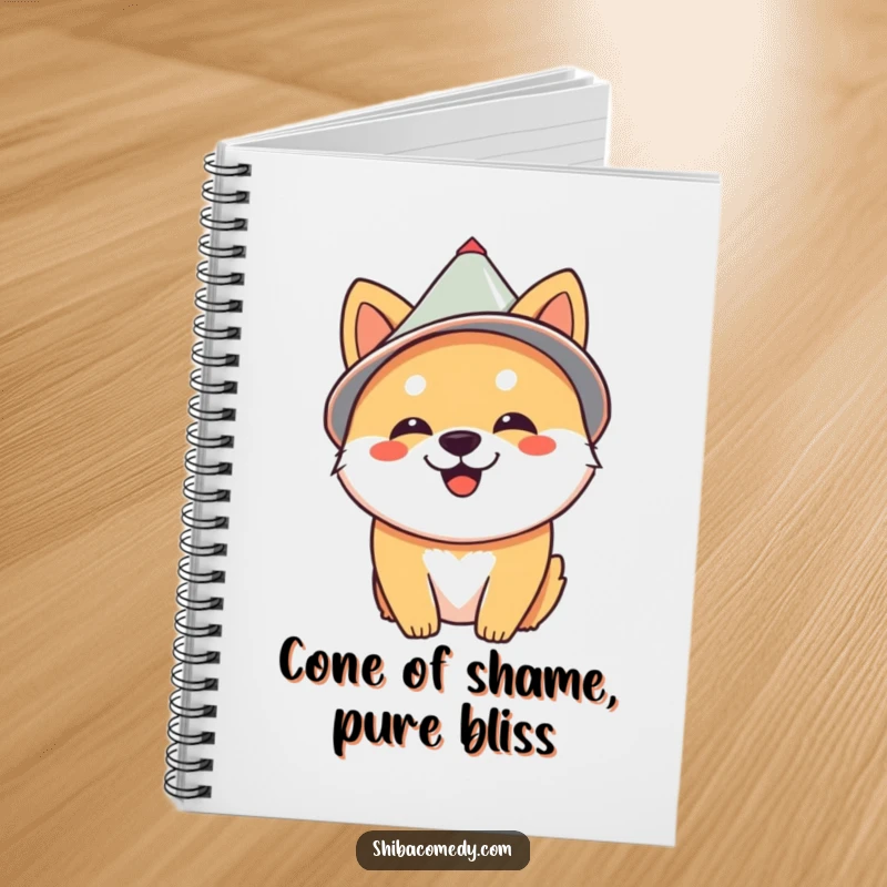 Funny Shiba Inu wearing a cone hat, looking content, perfect for a humorous notebook cover.