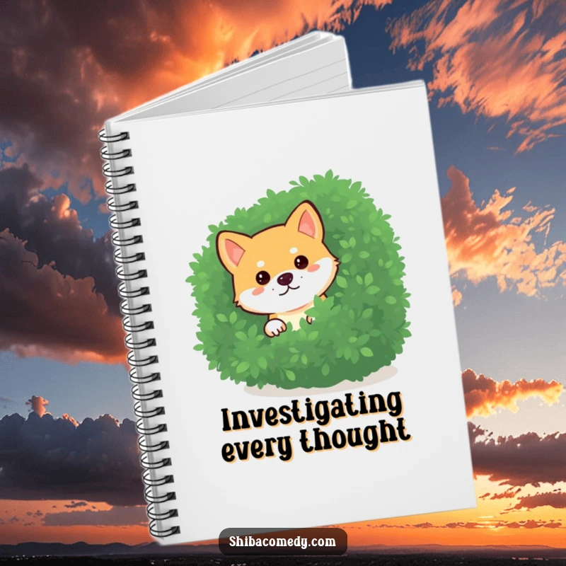 Funny Shiba Inu Notebook featuring a curious dog peeking from behind a bush, great for notes and a funny gift.