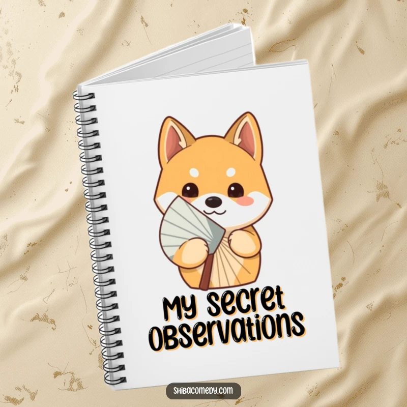 Funny curious Shiba Inu dog peeking from behind a fan on a notebook cover, inspiring secretive writing and playful thoughts.