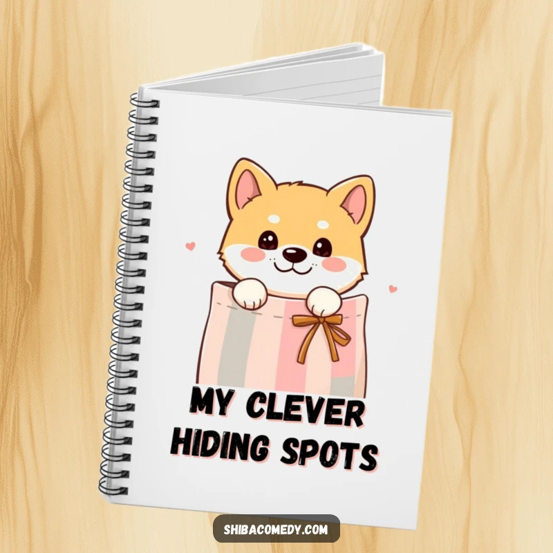 Funny notebook cover with a curious Shiba Inu dog peeking its head out from a gift bag, inspiring playful notes.