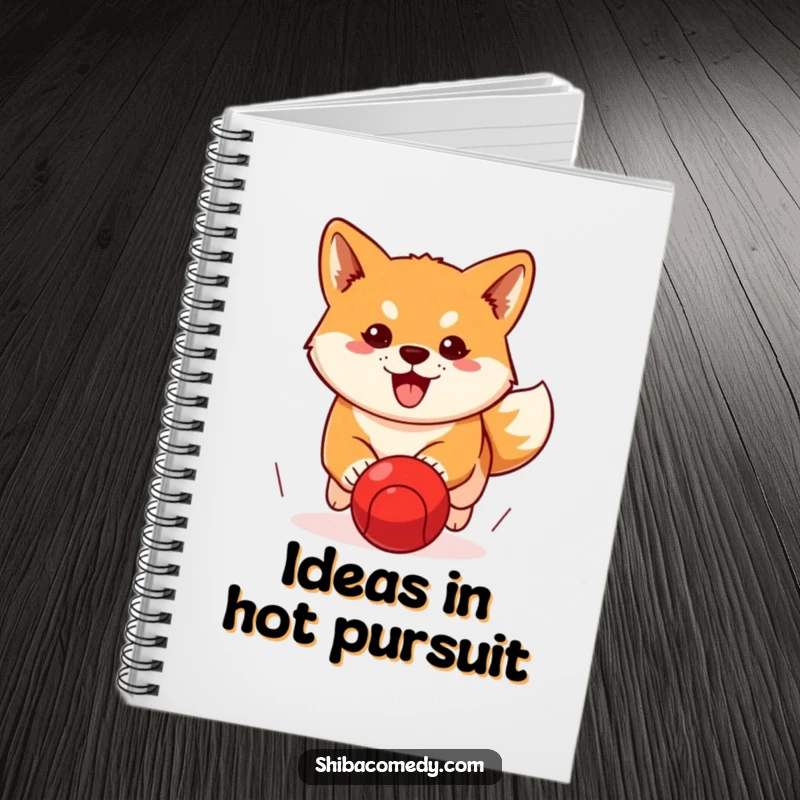 Funny Shiba Inu notebook featuring a determined dog chasing a red ball, perfect for notes and humorous goal tracking.
