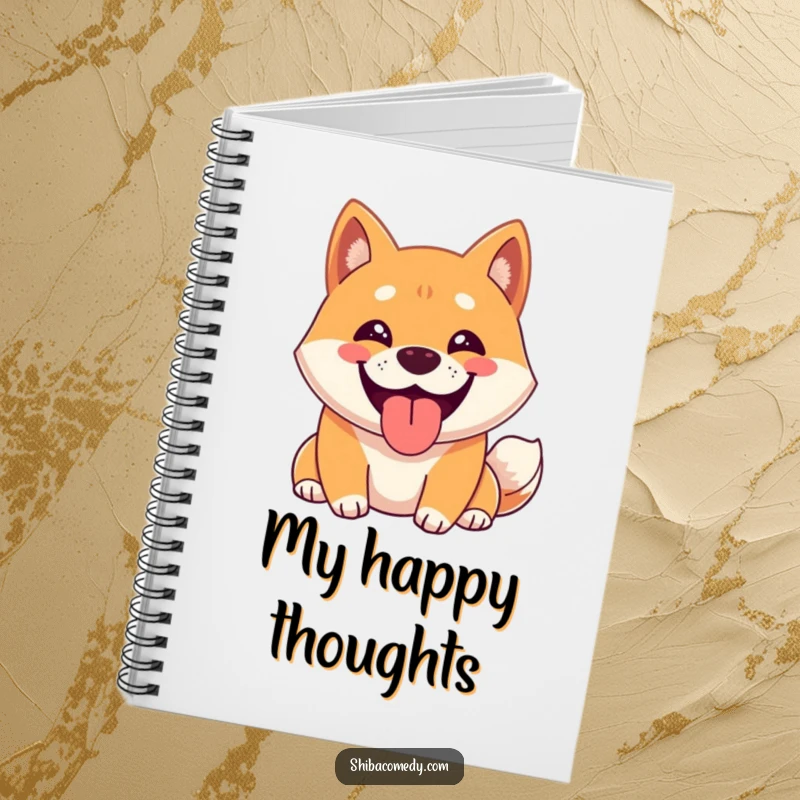 Funny Shiba Inu Notebook showing a happy Shiba Inu character with a wide grin, panting, perfect for note-taking with doggy joy.