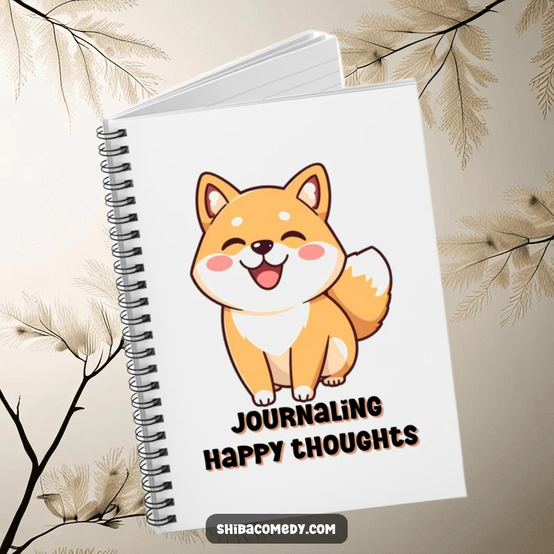 Funny happy Shiba Inu dog with a joyful smile and wagging tail on a notebook cover, encouraging happy writing and bright ideas.