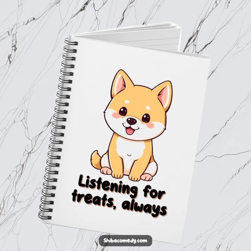 Funny Shiba Inu with perky ears sitting attentively, a humorous notebook for jotting ideas.