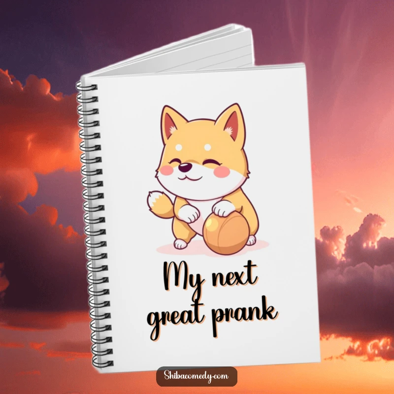 Funny Shiba Inu notebook with a playful dog nudging a rolling toy, ready to capture fun ideas.