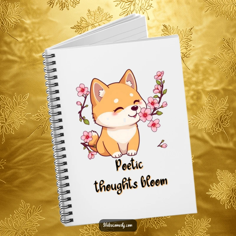 Funny Shiba Inu notebook cover showing a gentle dog sniffing a cherry blossom, ideal for capturing serene thoughts.