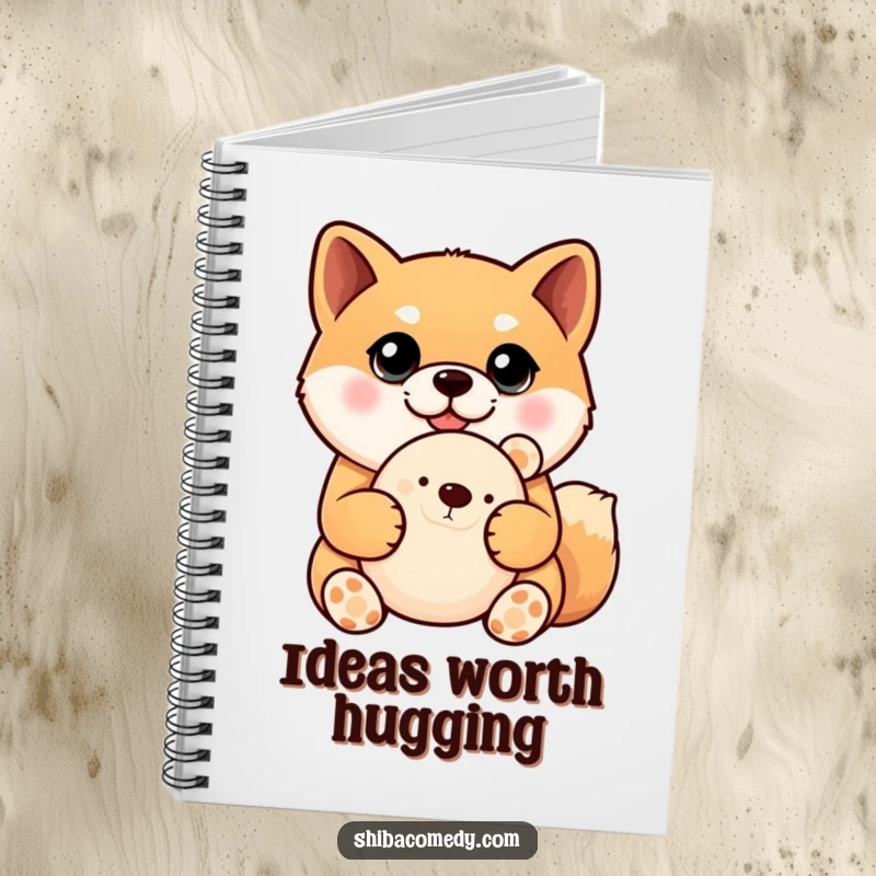 Funny Shiba Inu notebook with a dog boasting huge eyes, clutching a plush toy, perfect for journaling, planning, or doodling.