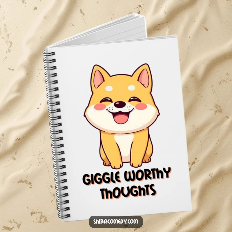 Funny Shiba Inu dog character with a wide grin and panting on a notebook cover, perfect for capturing happy thoughts.