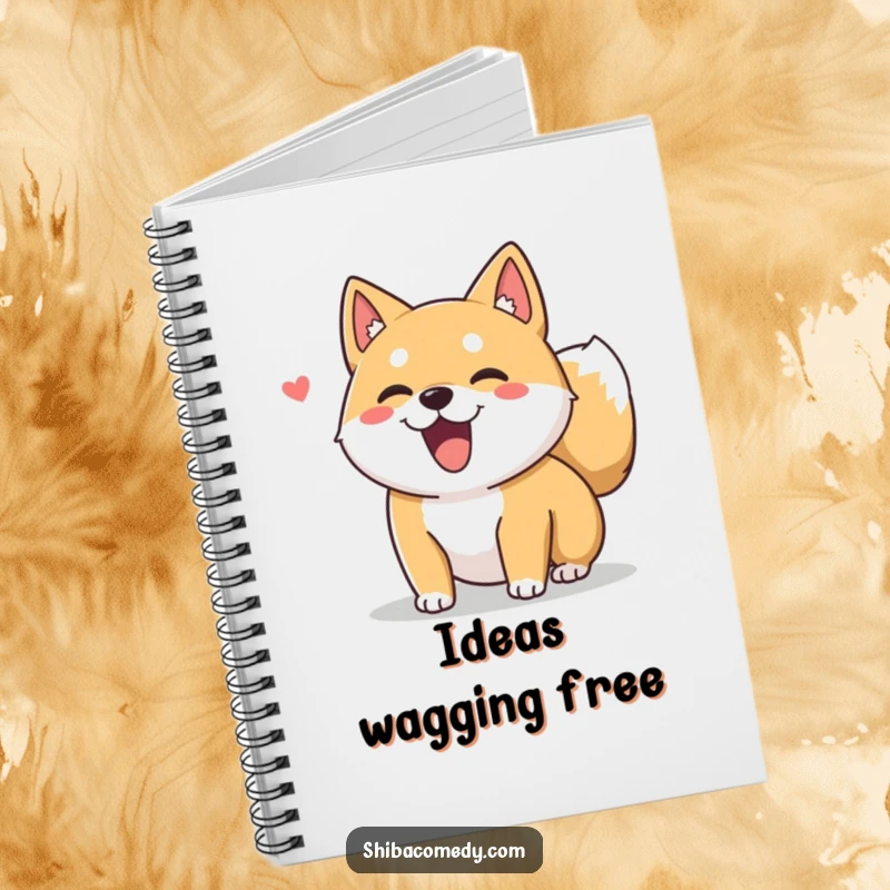 Funny Shiba Inu dog character with a fluffy tail wagging on a notebook cover, perfect for jotting down happy thoughts.