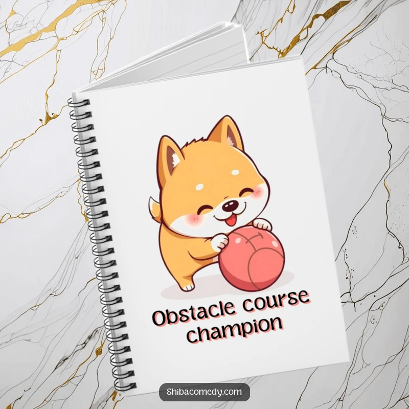 Funny Shiba Inu playfully nudging a rolling ball, a humorous notebook cover.