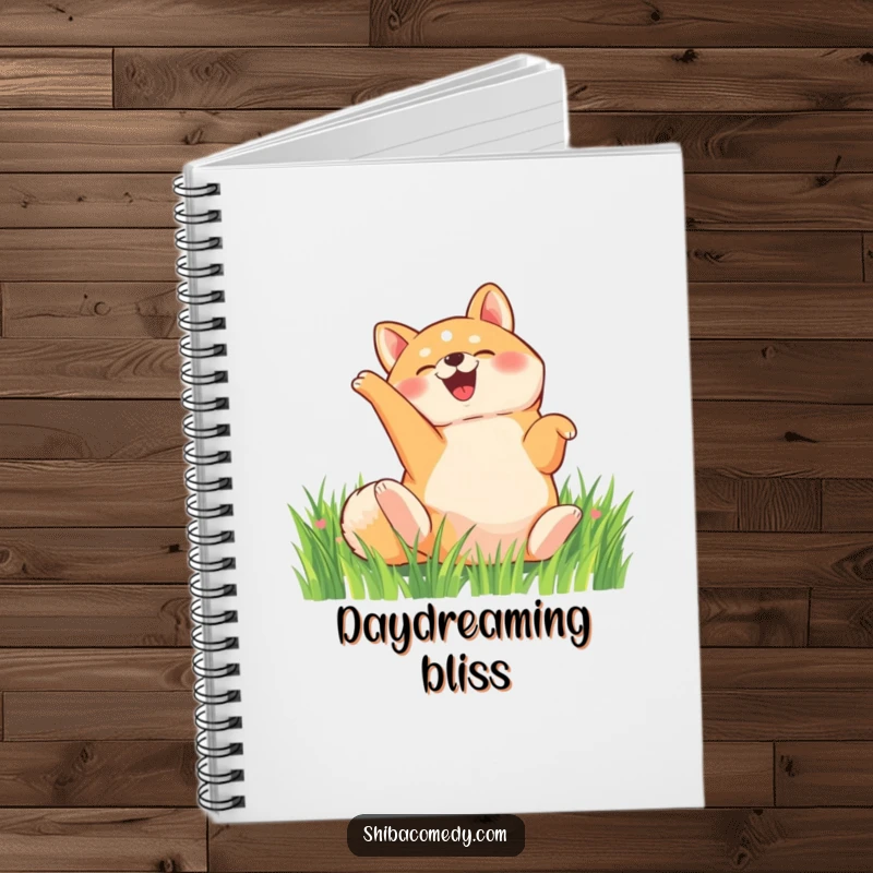 Funny Shiba Inu notebook, a delighted dog rolls on its back in a grassy field, ideal humorous journal.