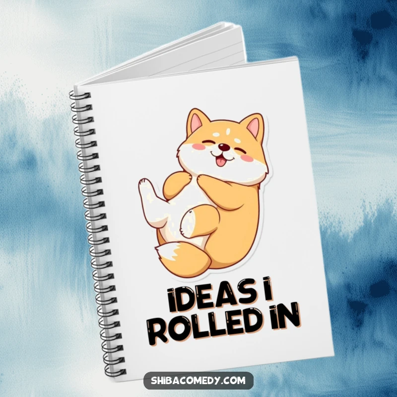 Funny Shiba Inu notebook cover with a dog rolling on its back, encouraging playful creativity and happy thoughts.