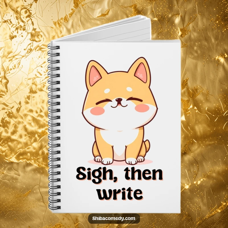 Funny Shiba Inu notebook cover with a dog doing a hilarious, happy sigh, eyes closed, inspiring calm note-taking.