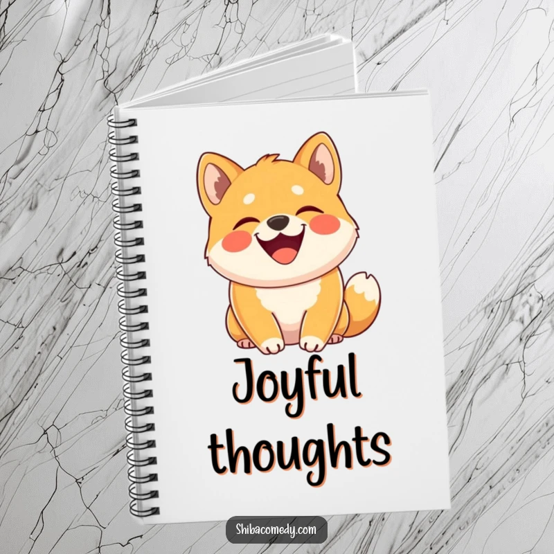Funny Shiba Inu notebook cover with a dog grinning joyfully, tail curled high, inspiring happy thoughts and creative writing.