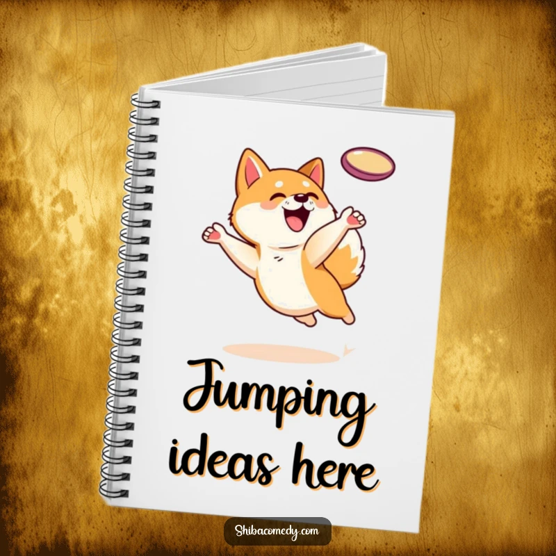 Funny Shiba Inu dog character leaping to catch a frisbee on a notebook cover, perfect for jotting down active ideas.
