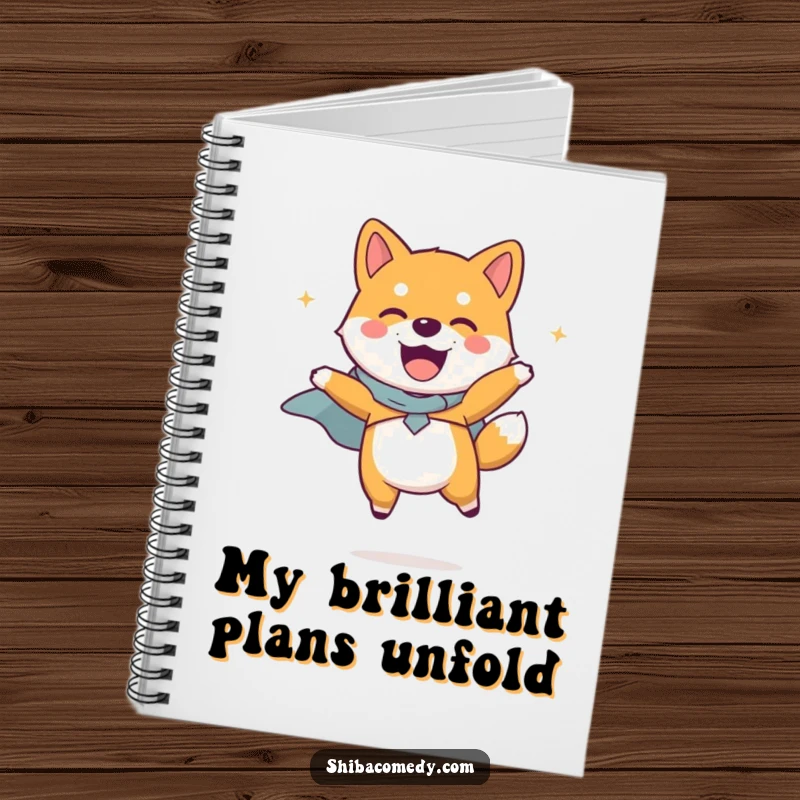 Funny Shiba Inu dog wearing a tiny cape, jumping joyfully on a notebook cover, inspiring heroic writing and ambitious thoughts.