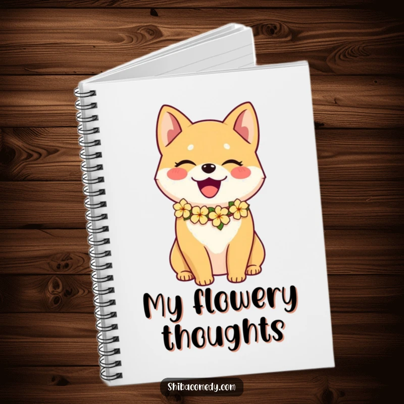 Funny Shiba Inu notebook with a happy dog wearing a colorful flower lei, great for writing and drawing.