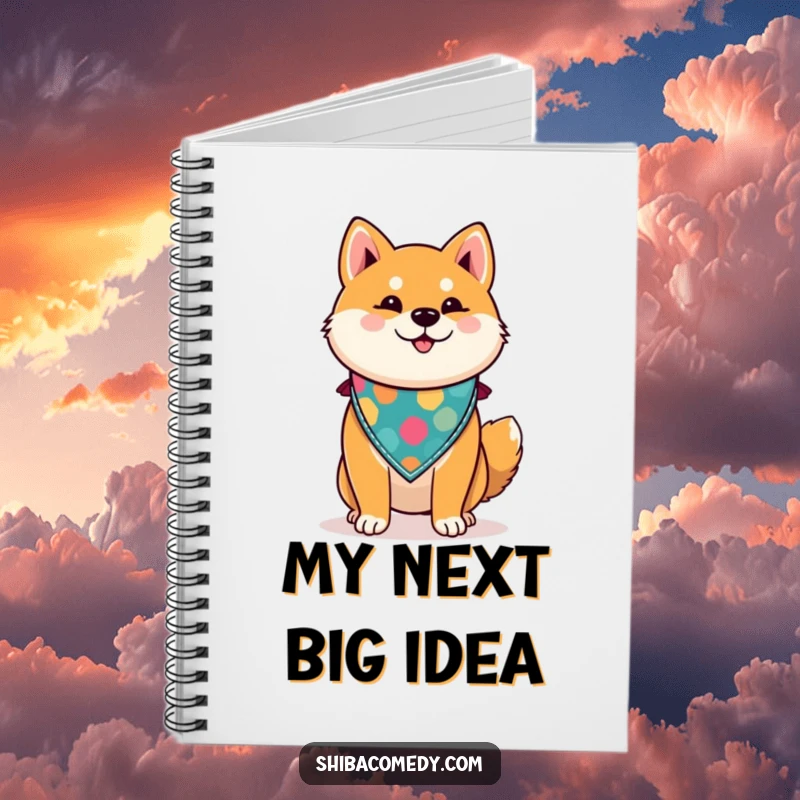 Funny Shiba Inu notebook featuring a proud dog wearing a colorful bandana, perfect for jotting down notes with a humorous canine flair.