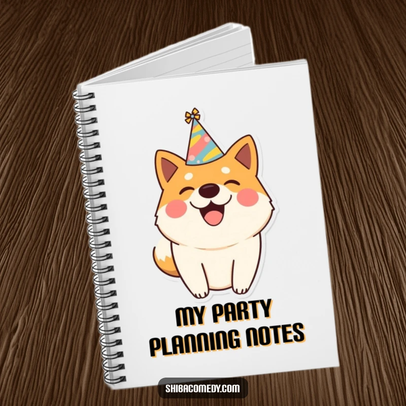 Funny notebook cover with a happy Shiba Inu dog wearing a party hat and wagging its tail, inspiring cheerful notes.