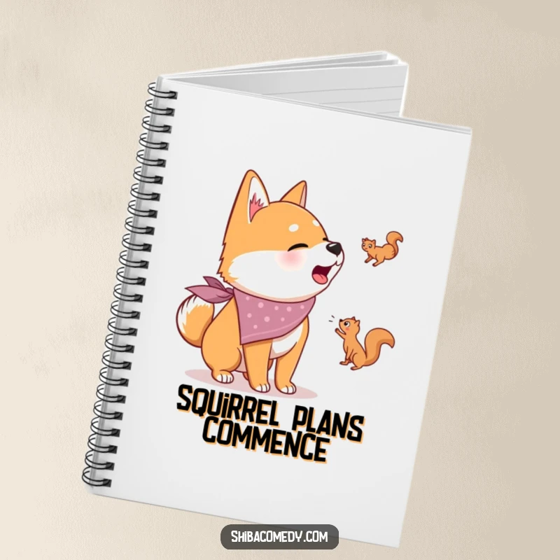 Funny notebook featuring a Shiba Inu dog in a bandana, barking at a squirrel, ideal for jotting down notes with a smile.