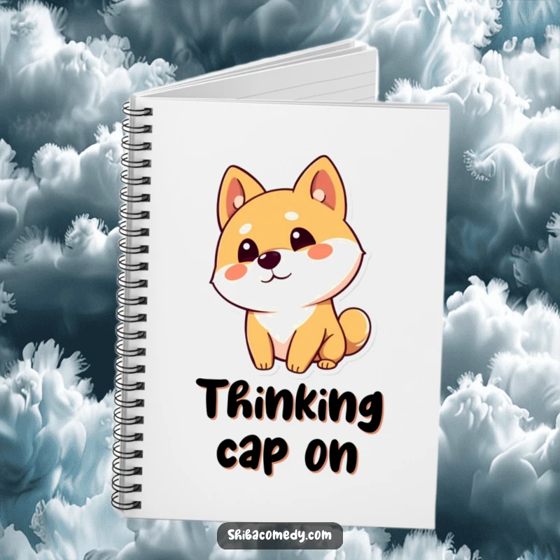 Funny Shiba Inu dog character tilting its head curiously with one ear up on a notebook cover, perfect for jotting down inquiries.