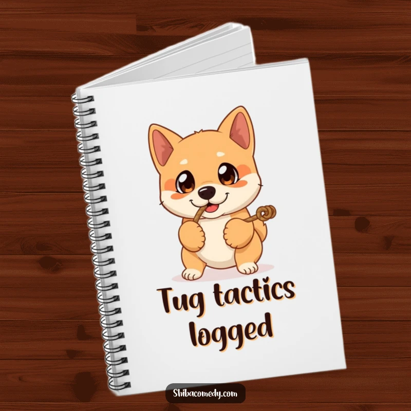Funny notebook featuring a Shiba Inu dog with expressive eyes playing tug-of-war, ideal for journaling with a playful spirit.