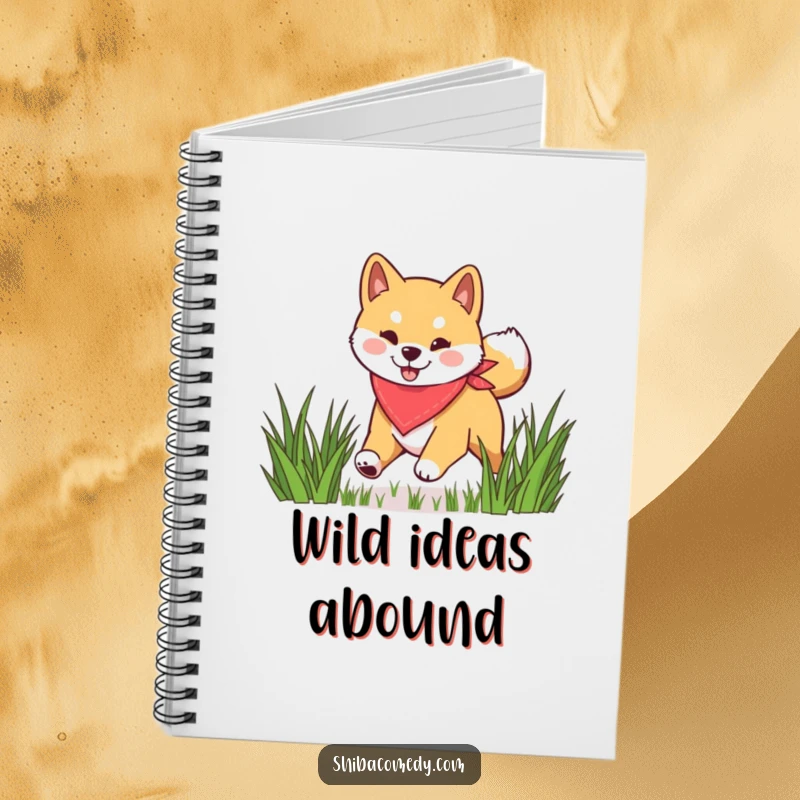 Funny Shiba Inu notebook cover showing a happy dog in a bandana bounding through grass, ideal for capturing energetic thoughts.