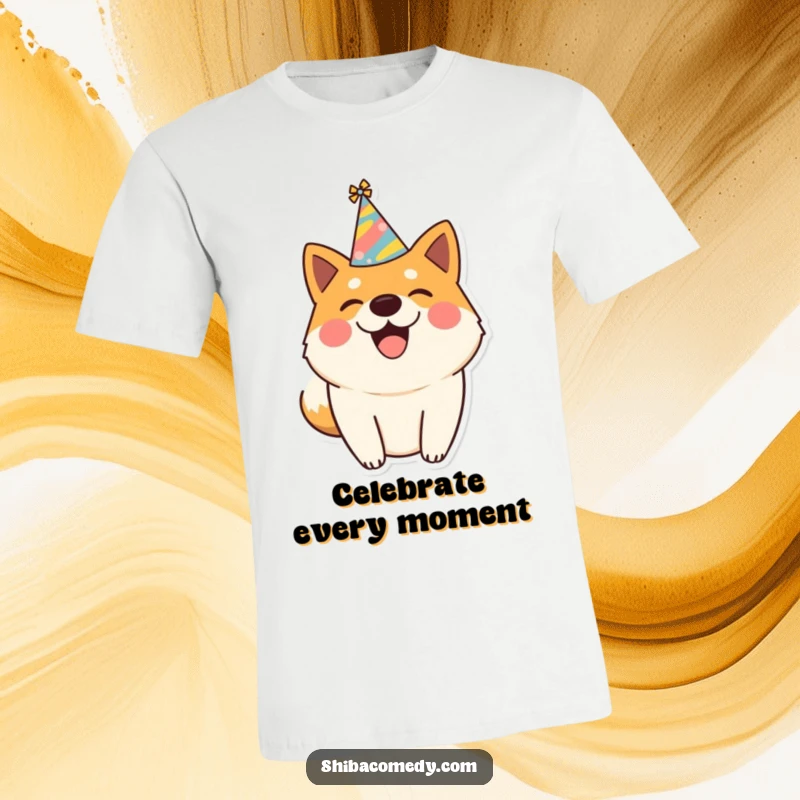 A funny t-shirt featuring a happy Shiba Inu dog wearing a party hat and wagging its tail with pure joy.