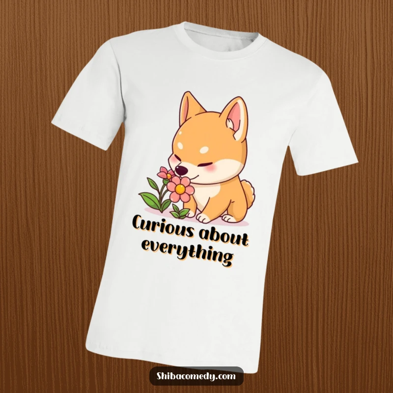 Funny Shiba Inu t-shirt depicting a curious dog with perked ears delicately sniffing a colorful flower, radiating sweet, humorous charm.