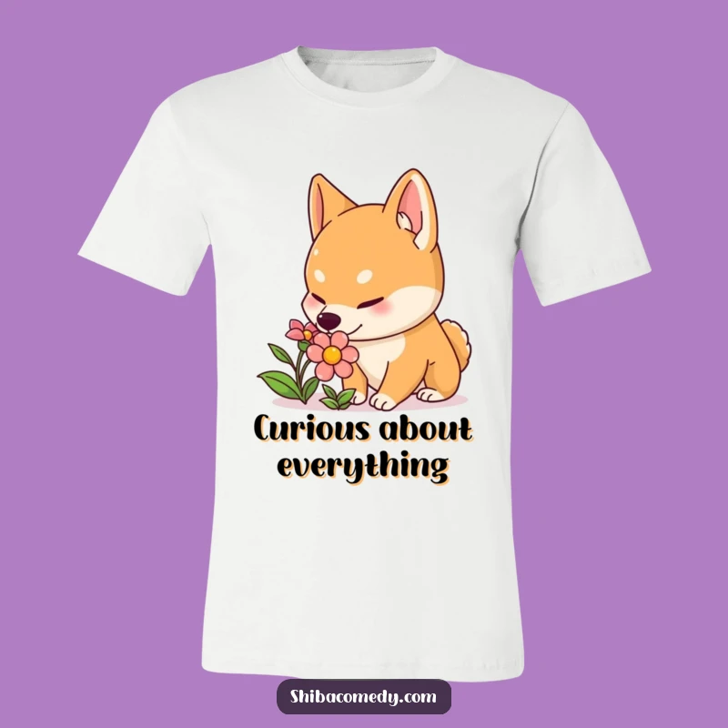 Funny Shiba Inu Flower T-Shirt: Curious Sniffing Design for Nature Lovers!