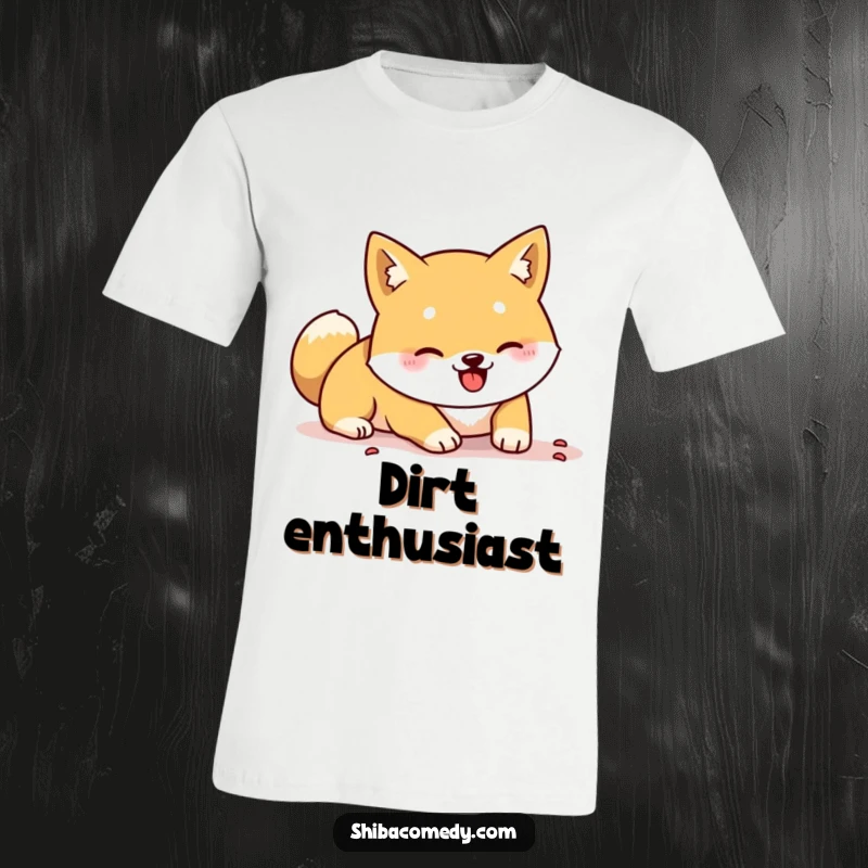Funny Shiba Inu t-shirt featuring a dog energetically digging with its paws, perfect for adding humor to any outfit.