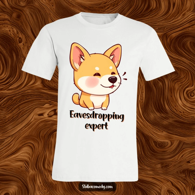 Funny t-shirt showing a Shiba Inu with wide, attentive ears, intently focused on hearing every little sound.