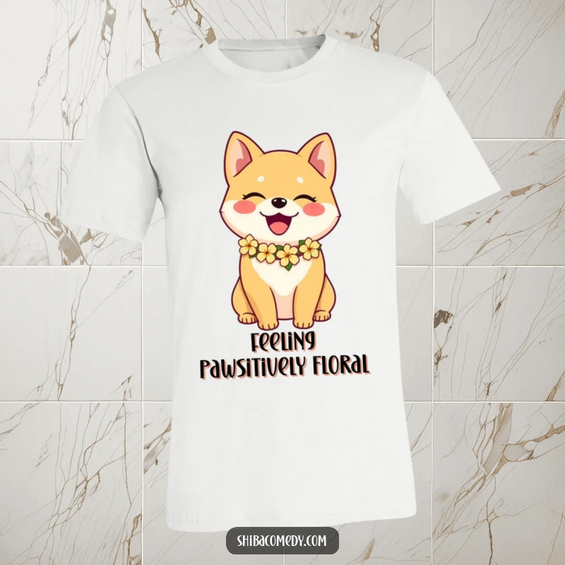Funny Shiba Inu t-shirt featuring a joyful dog wearing a bright floral lei, perfect for beach lovers and dog enthusiasts.