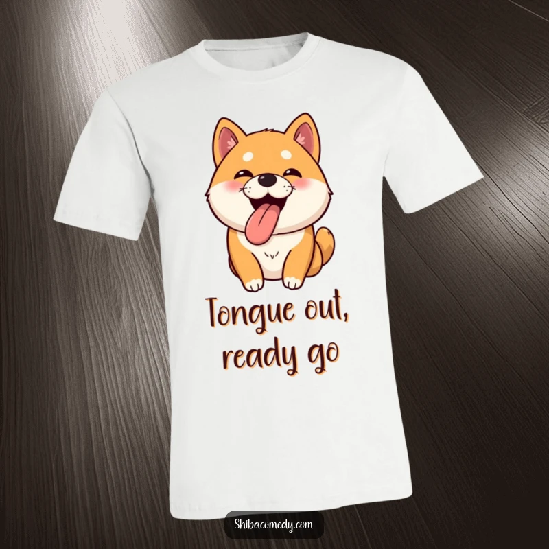 Funny Shiba Inu t-shirt with a bouncy dog whose tongue is lolling out happily, showcasing pure joy and energy.