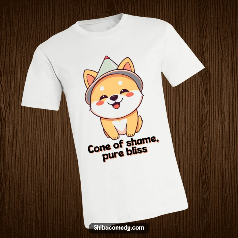 Funny Shiba Inu wearing a cone hat with a proud expression, ideal for a humorous t-shirt gift.