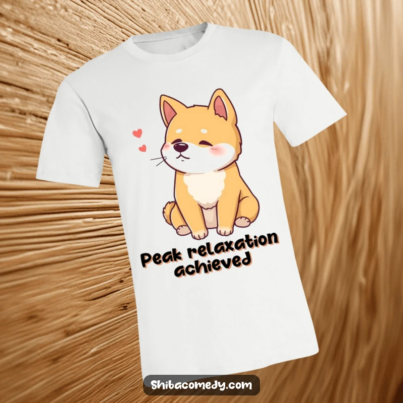 Funny Shiba Inu T-Shirt depicting a relaxed dog sitting with a contented sigh, a great humorous gift.