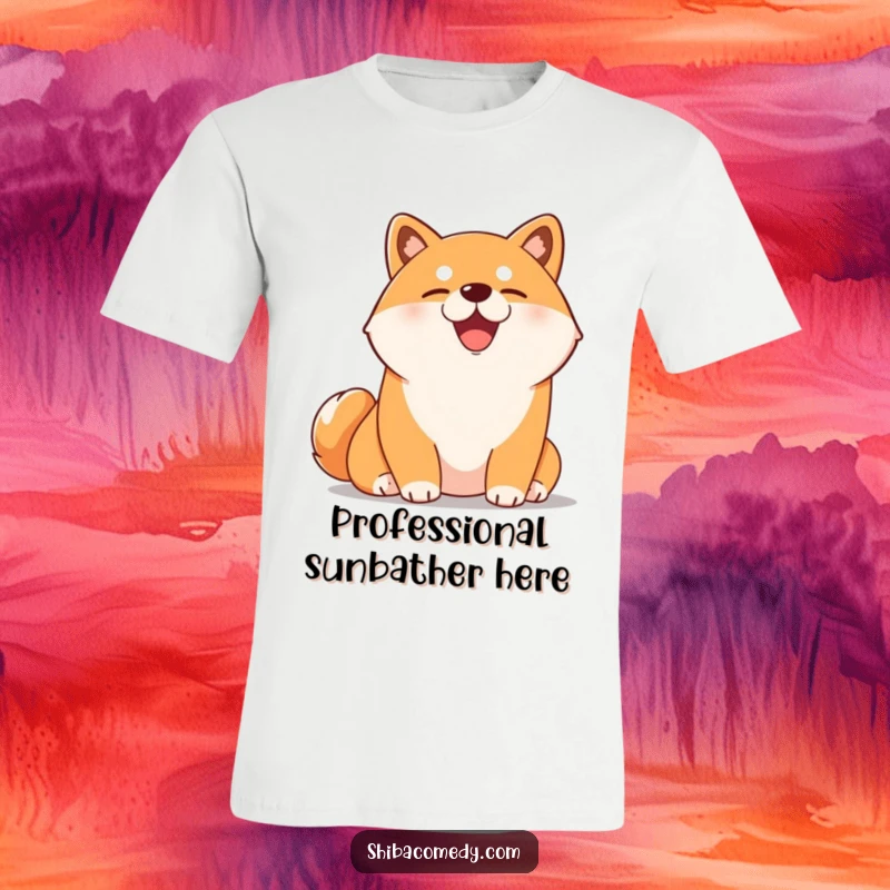 Funny Shiba Inu t-shirt featuring a content dog relaxing in a sunbeam with eyes closed. Ideal for casual wear and dog lovers.