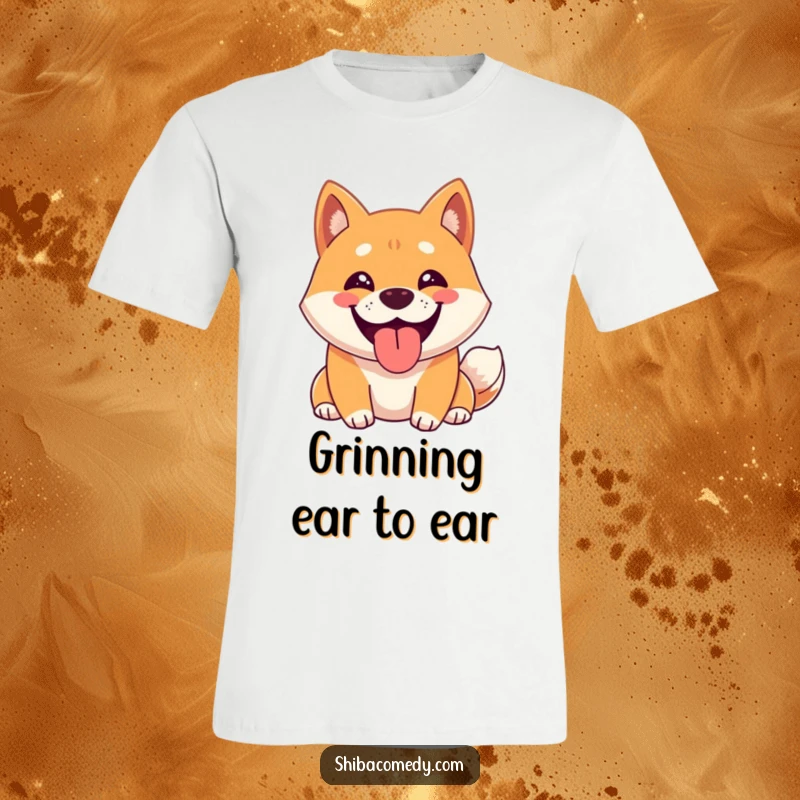 Funny Shiba Inu T-Shirt featuring a happy Shiba Inu character with a wide, beaming grin, panting contentedly, full of joy.